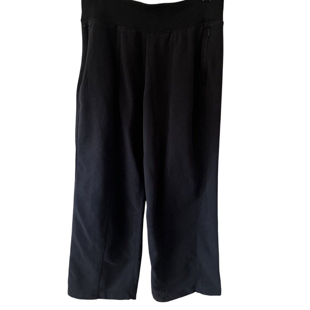 ATHLETA Womens' Black Wide Leg Crop Pants Size M Fleece Side Zippered Pockets